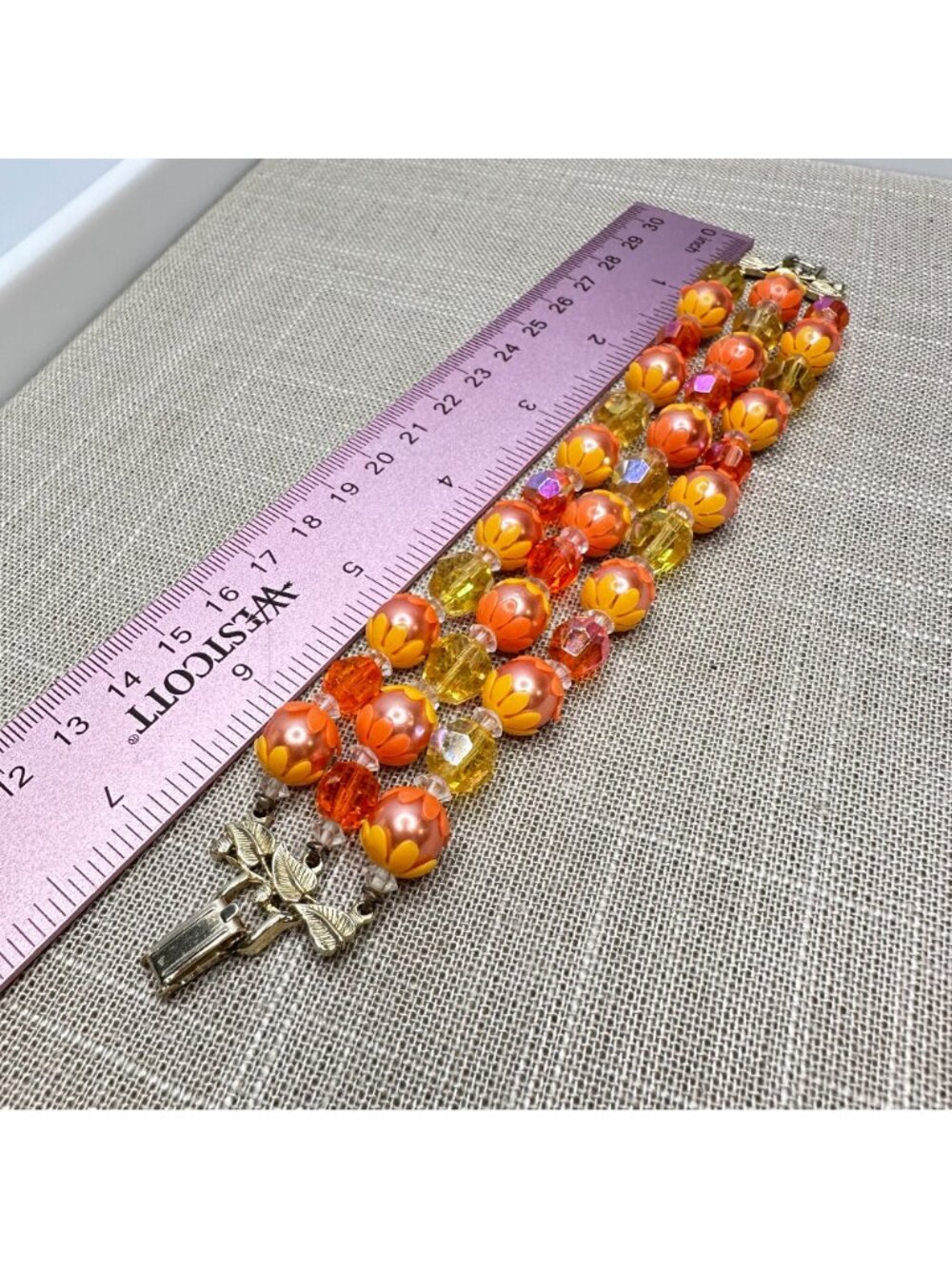 Vintage 1960s Three-Strand Lucite Bead Bracelet Mod Orange & Yellow Flower Retro - Picture 7 of 12
